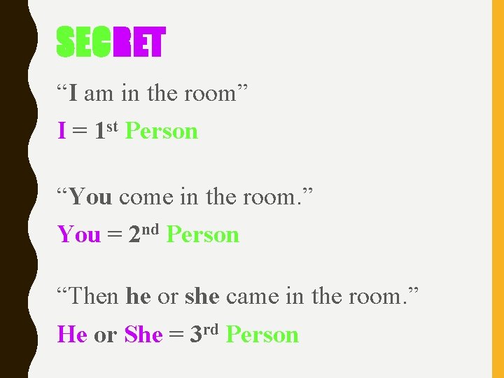 SECRET “I am in the room” I = 1 st Person “You come in