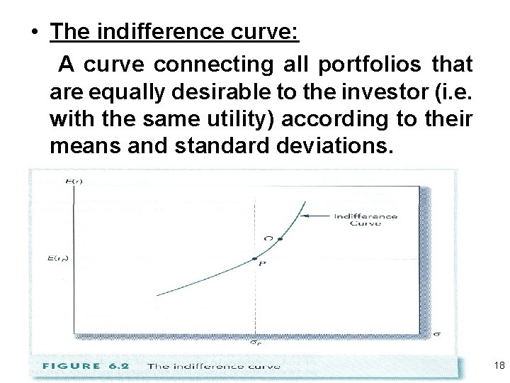  • The indifference curve: A curve connecting all portfolios that are equally desirable