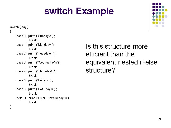 switch Example switch ( day ) { case 0: printf (“Sundayn”) ; break ;