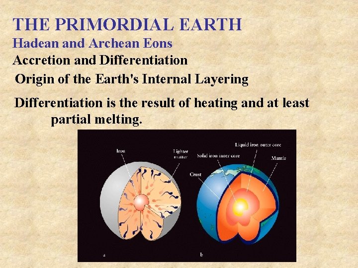 THE PRIMORDIAL EARTH Hadean and Archean Eons Accretion and Differentiation Origin of the Earth's