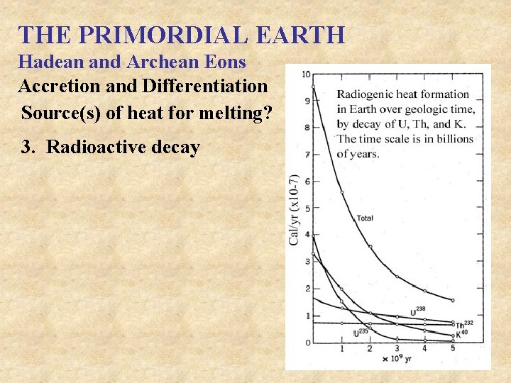 THE PRIMORDIAL EARTH Hadean and Archean Eons Accretion and Differentiation Source(s) of heat for