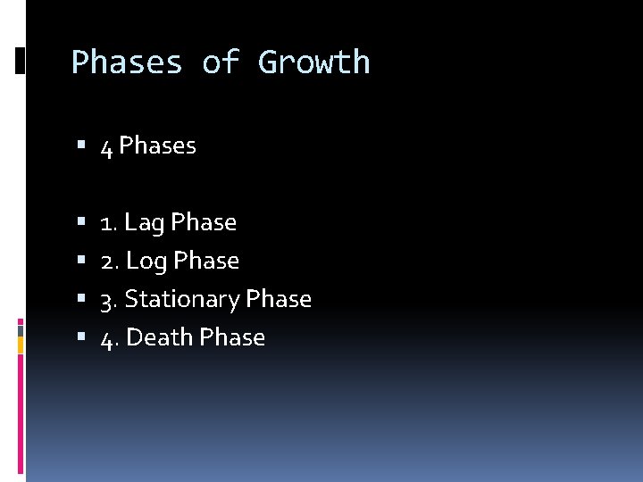 Phases of Growth 4 Phases 1. Lag Phase 2. Log Phase 3. Stationary Phase
