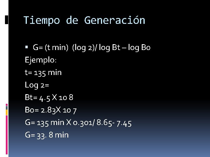 Tiempo de Generación G= (t min) (log 2)/ log Bt – log B 0