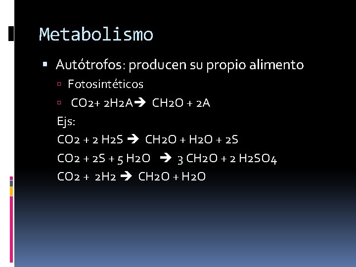 Metabolismo Autótrofos: producen su propio alimento Fotosintéticos CO 2+ 2 H 2 A CH