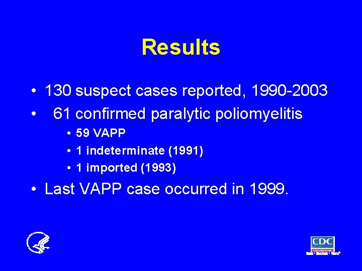 Results • 130 suspect cases reported, 1990 -2003 • 61 confirmed paralytic poliomyelitis •