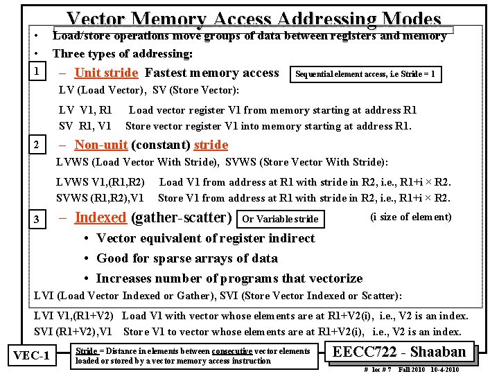  • • 1 Vector Memory Access Addressing Modes Load/store operations move groups of