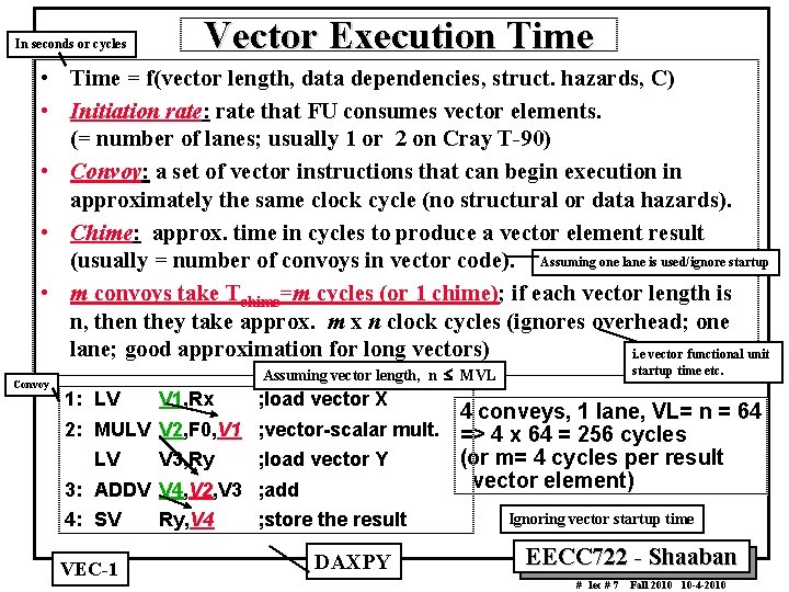 In seconds or cycles Vector Execution Time • Time = f(vector length, data dependencies,