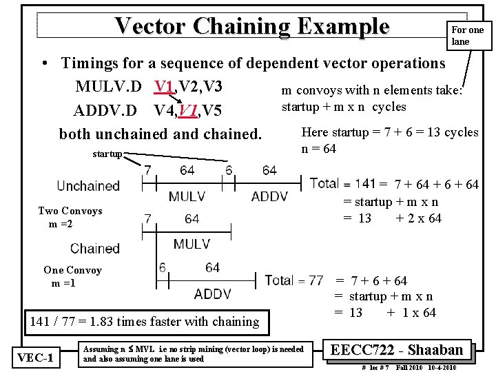Vector Chaining Example For one lane • Timings for a sequence of dependent vector