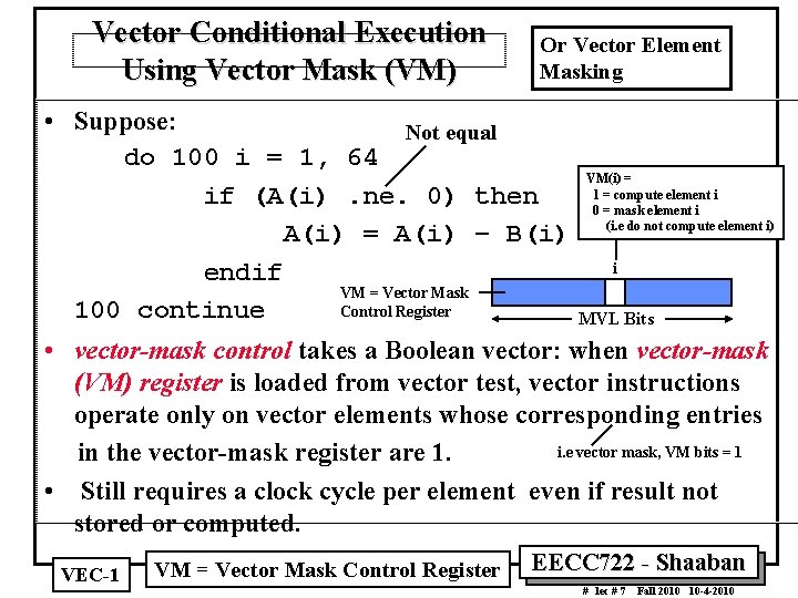 Vector Conditional Execution Using Vector Mask (VM) Or Vector Element Masking • Suppose: Not