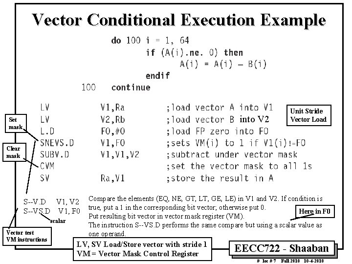 Vector Conditional Execution Example into V 2 Set mask Unit Stride Vector Load Clear