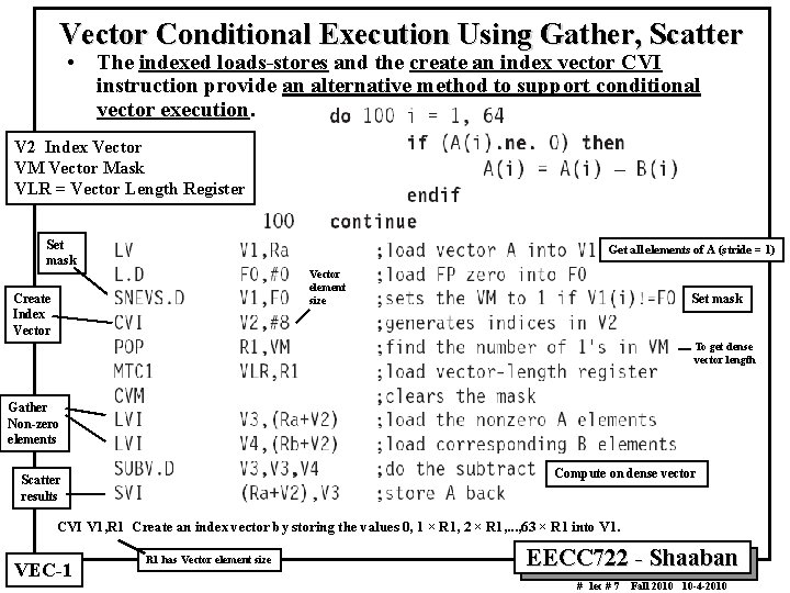 Vector Conditional Execution Using Gather, Scatter • The indexed loads stores and the create