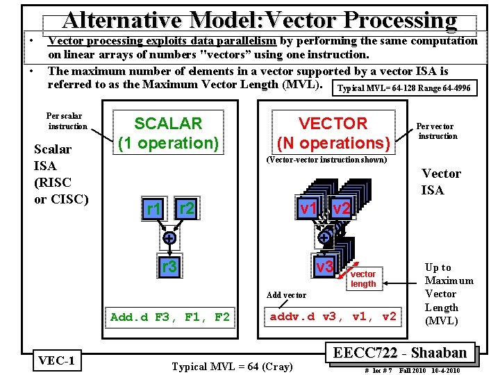  • • Alternative Model: Vector Processing Vector processing exploits data parallelism by performing