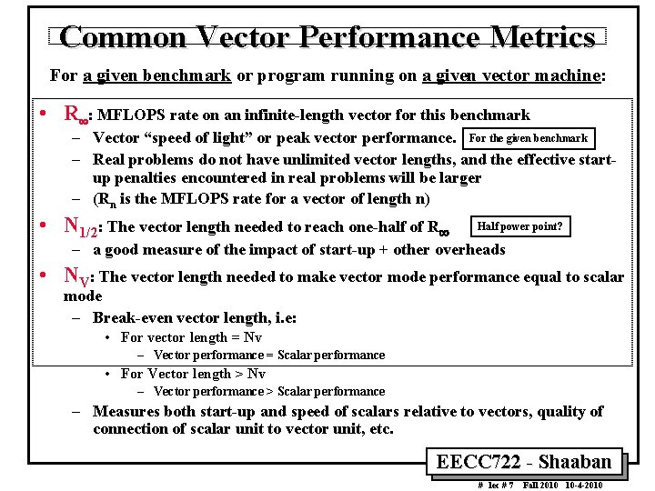 Common Vector Performance Metrics For a given benchmark or program running on a given