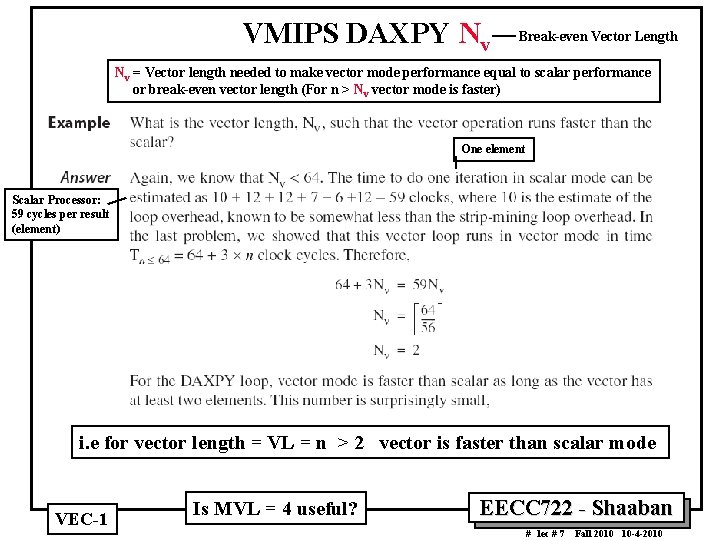 VMIPS DAXPY Nv Break even Vector Length Nv = Vector length needed to make