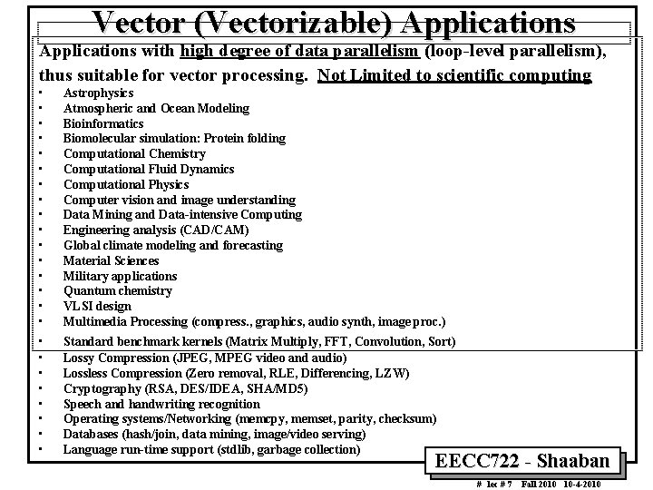Vector (Vectorizable) Applications with high degree of data parallelism (loop level parallelism), thus suitable