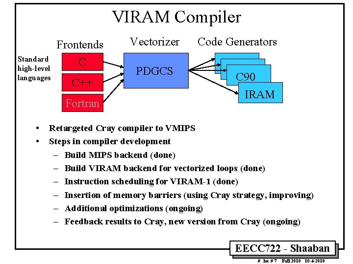 VIRAM Compiler Frontends Standard high level languages C C++ Fortran • • Vectorizer PDGCS