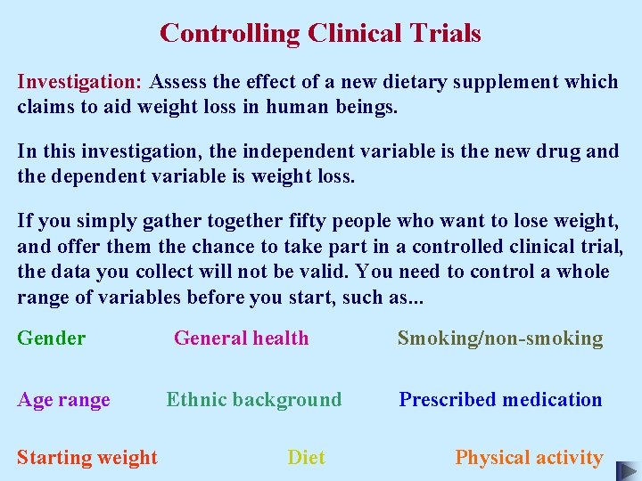 Controlling Clinical Trials Investigation: Assess the effect of a new dietary supplement which claims