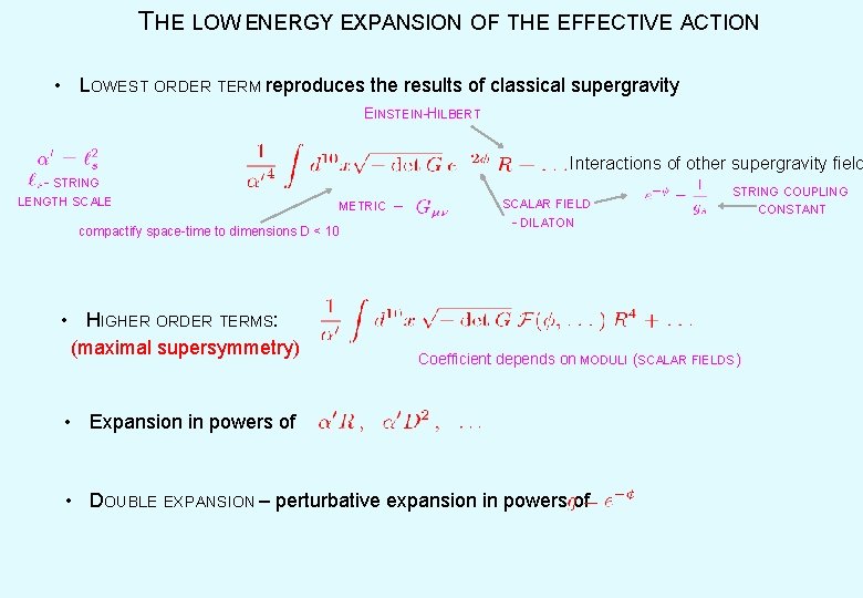 THE LOW ENERGY EXPANSION OF THE EFFECTIVE ACTION • LOWEST ORDER TERM reproduces the