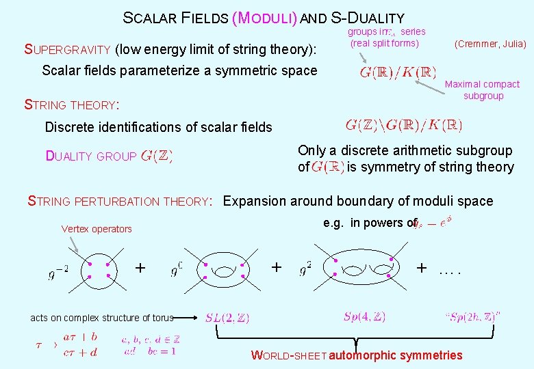 SCALAR FIELDS (MODULI) AND S-DUALITY SUPERGRAVITY (low energy limit of string theory): groups in