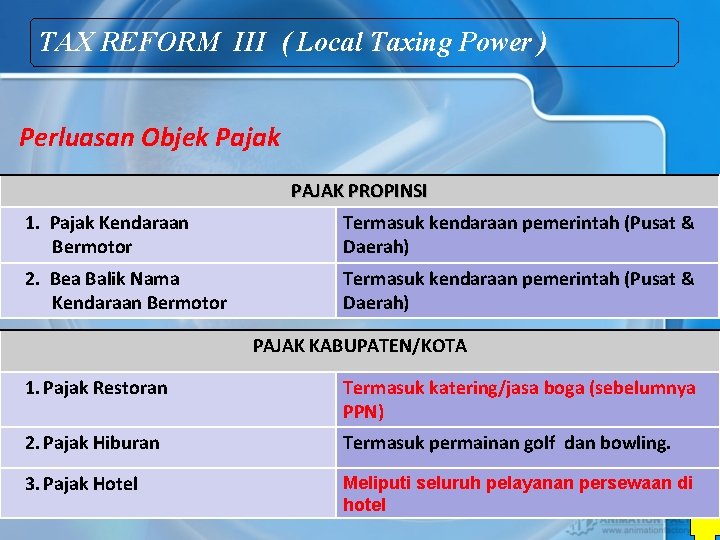 TAX REFORM III ( Local Taxing Power ) Perluasan Objek Pajak PAJAK PROPINSI 1.