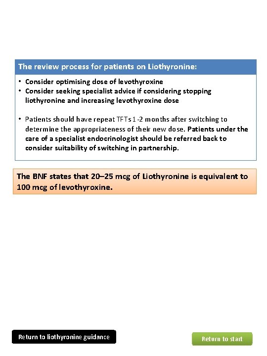 The review process for patients on Liothyronine: • Consider optimising dose of levothyroxine •