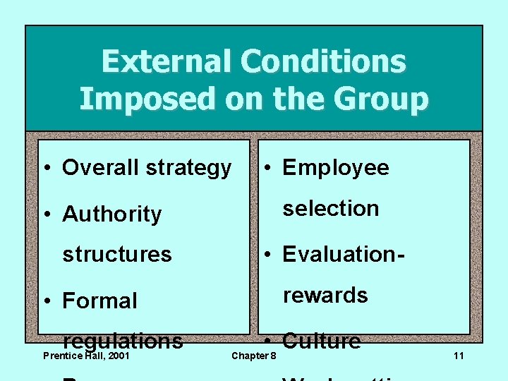 External Conditions Imposed on the Group • Overall strategy • Authority structures • Formal