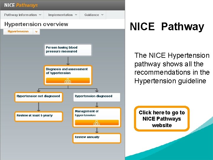 NICE Pathway The NICE Hypertension pathway shows all the recommendations in the Hypertension guideline