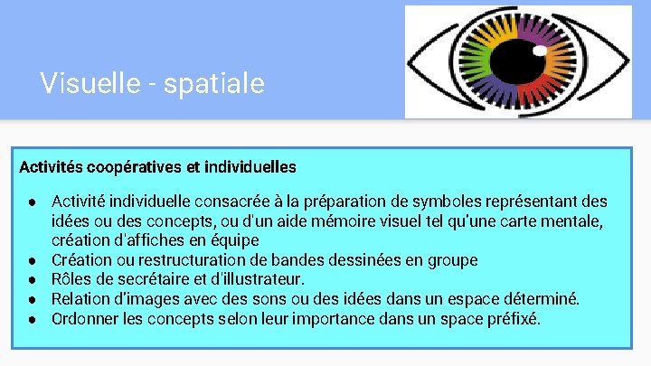 Visuelle - spatiale Activités coopératives et individuelles ● Activité individuelle consacrée à la préparation Visuelle - spatiale Activités coopératives et individuelles ● Activité individuelle consacrée à la préparation