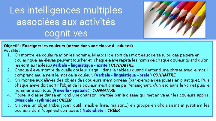 Les intelligences multiples associées aux activités cognitives Objectif : Enseigner les couleurs (même dans Les intelligences multiples associées aux activités cognitives Objectif : Enseigner les couleurs (même dans
