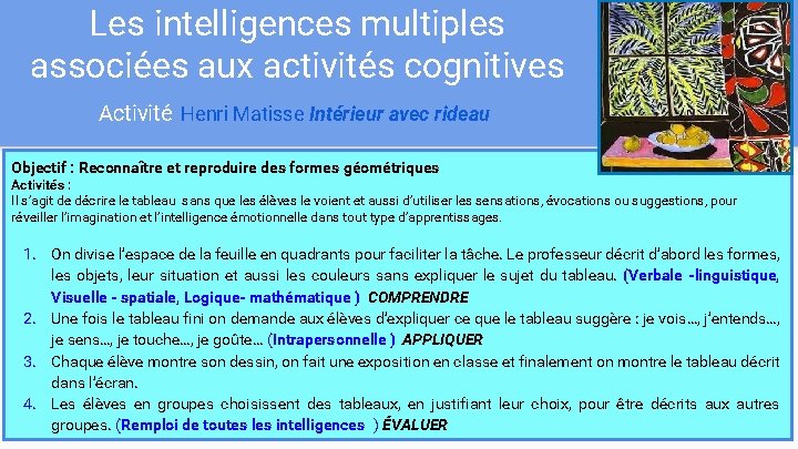 Les intelligences multiples associées aux activités cognitives Activité Henri Matisse Intérieur avec rideau Objectif Les intelligences multiples associées aux activités cognitives Activité Henri Matisse Intérieur avec rideau Objectif