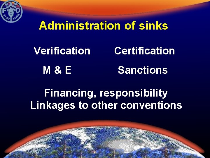 Administration of sinks Verification M&E Certification Sanctions Financing, responsibility Linkages to other conventions 