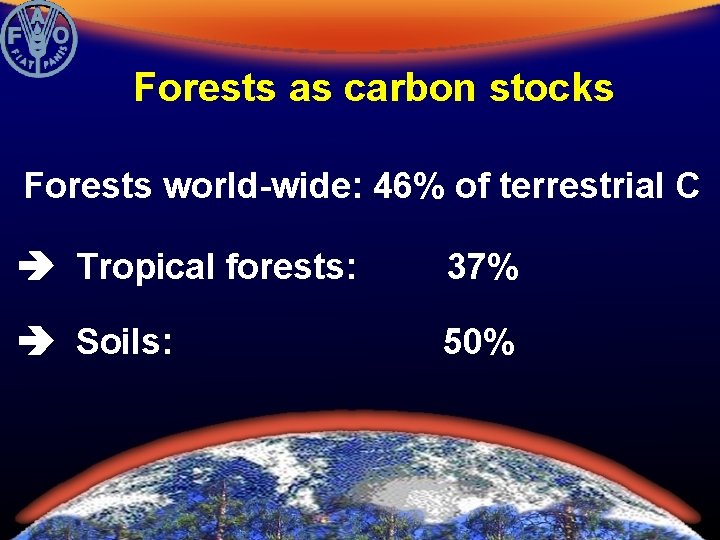 Forests as carbon stocks Forests world-wide: 46% of terrestrial C Tropical forests: 37% Soils: