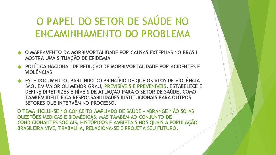 O PAPEL DO SETOR DE SAÚDE NO ENCAMINHAMENTO DO PROBLEMA O MAPEAMENTO DA MORBIMORTALIDADE