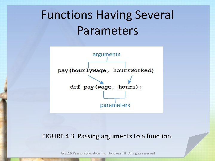 Functions Having Several Parameters FIGURE 4. 3 Passing arguments to a function. © 2016
