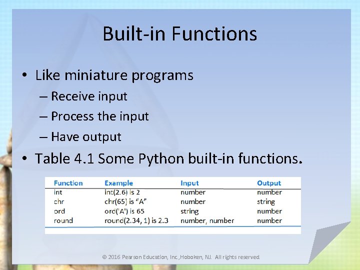 Built-in Functions • Like miniature programs – Receive input – Process the input –
