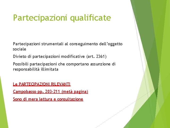 Partecipazioni qualificate Partecipazioni strumentali al conseguimento dell’oggetto sociale Divieto di partecipazioni modificative (art. 2361)