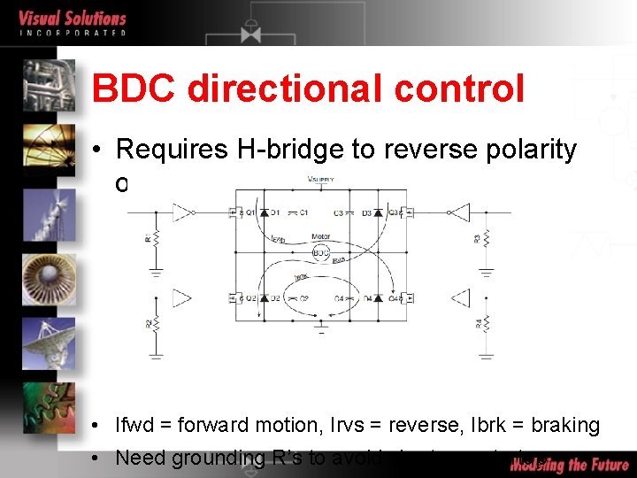 BDC directional control • Requires H-bridge to reverse polarity of supply • Ifwd =