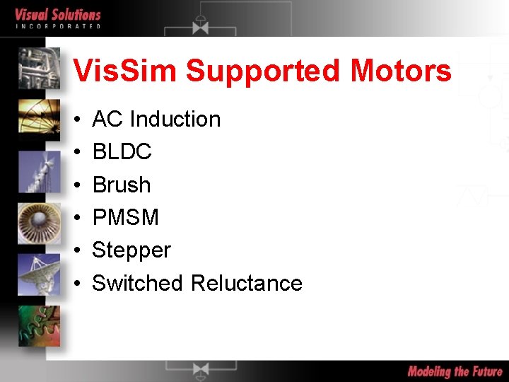 Vis. Sim Supported Motors • • • AC Induction BLDC Brush PMSM Stepper Switched