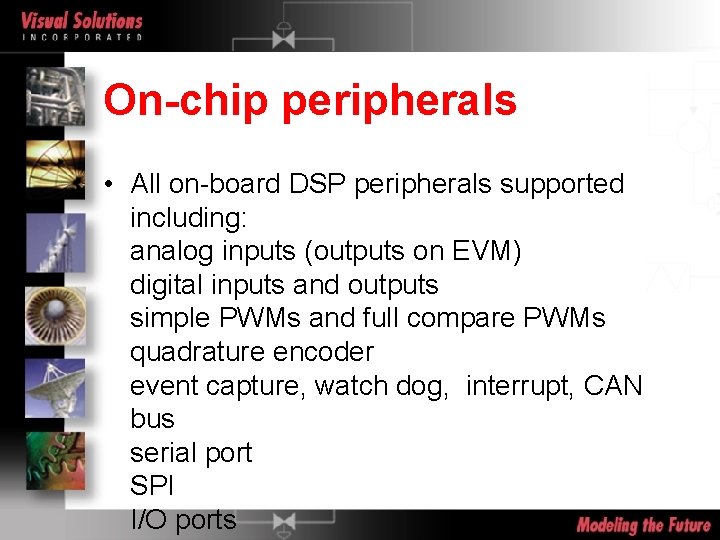 On-chip peripherals • All on-board DSP peripherals supported including: analog inputs (outputs on EVM)