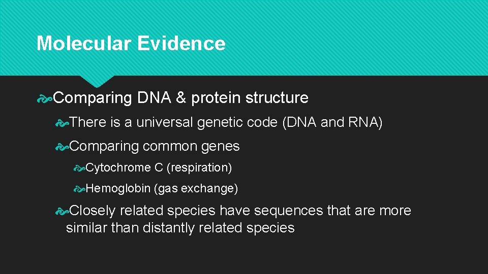 Molecular Evidence Comparing DNA & protein structure There is a universal genetic code (DNA