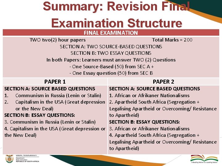 Summary: Revision Final Examination Structure FINAL EXAMINATION TWO two(2) hour papers Total Marks =