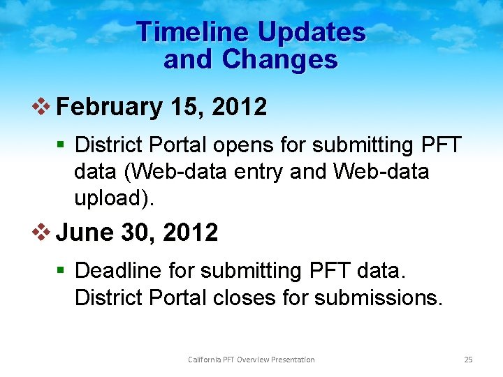 Timeline Updates and Changes v February 15, 2012 § District Portal opens for submitting