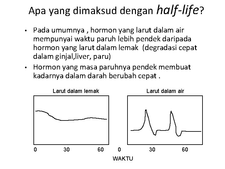 Apa yang dimaksud dengan half-life? • • Pada umumnya , hormon yang larut dalam