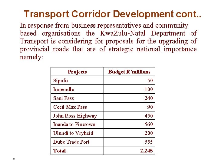 Transport Corridor Development cont. . In response from business representatives and community based organisations