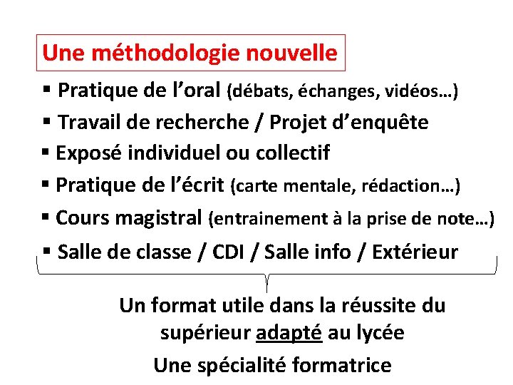 Une méthodologie nouvelle § Pratique de l’oral (débats, échanges, vidéos…) § Travail de recherche