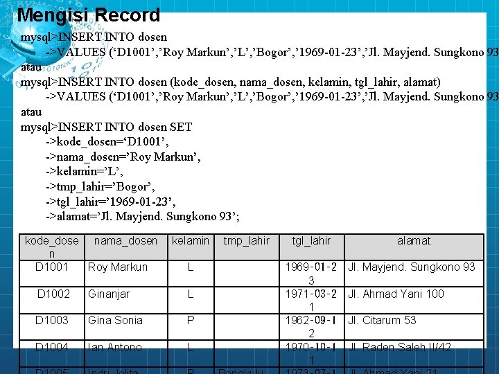 Mengisi Record mysql>INSERT INTO dosen ->VALUES (‘D 1001’, ’Roy Markun’, ’L’, ’Bogor’, ’ 1969