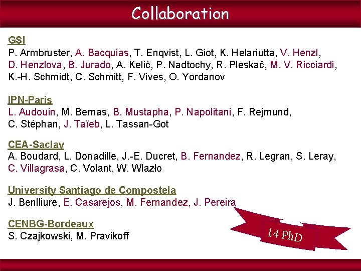 Collaboration GSI P. Armbruster, A. Bacquias, T. Enqvist, L. Giot, K. Helariutta, V. Henzl,