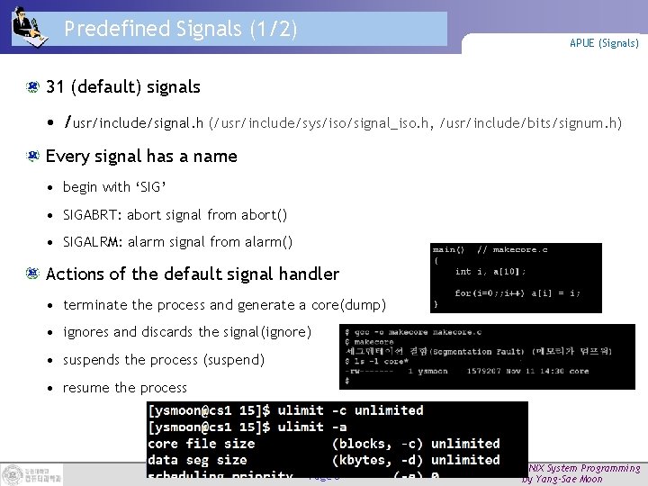 Predefined Signals (1/2) APUE (Signals) 31 (default) signals • /usr/include/signal. h (/usr/include/sys/iso/signal_iso. h, /usr/include/bits/signum.