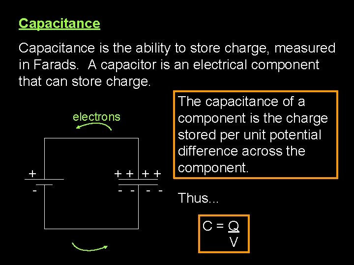 Capacitance is the ability to store charge, measured in Farads. A capacitor is an