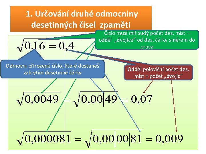 1. Určování druhé odmocniny desetinných čísel zpaměti Číslo musí mít sudý počet des. míst